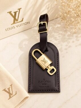 Authentic Louis Vuitton Brown Luggage Tag & Gold Padlock with Key-Made in France